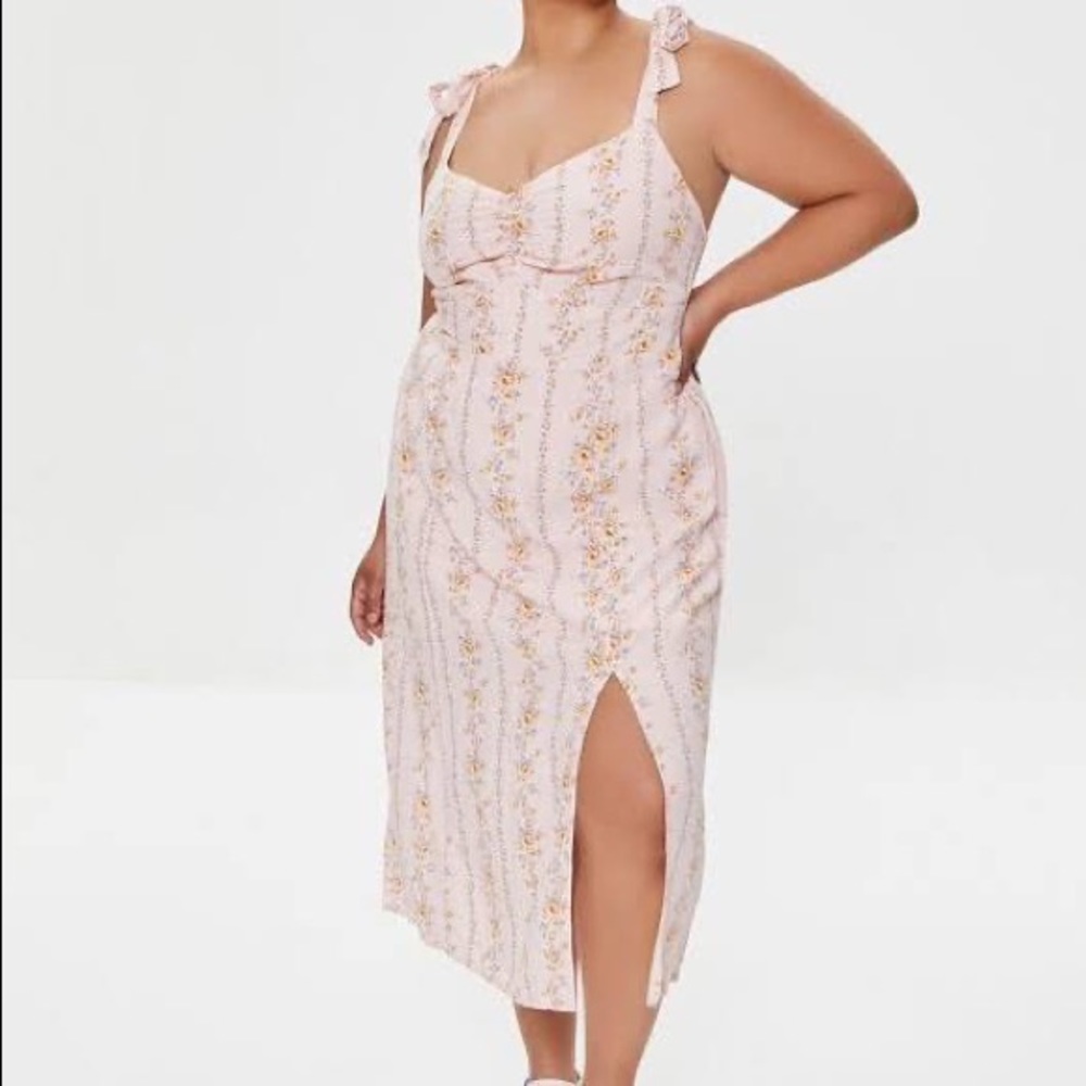 pink floral dress w slit and tied straps